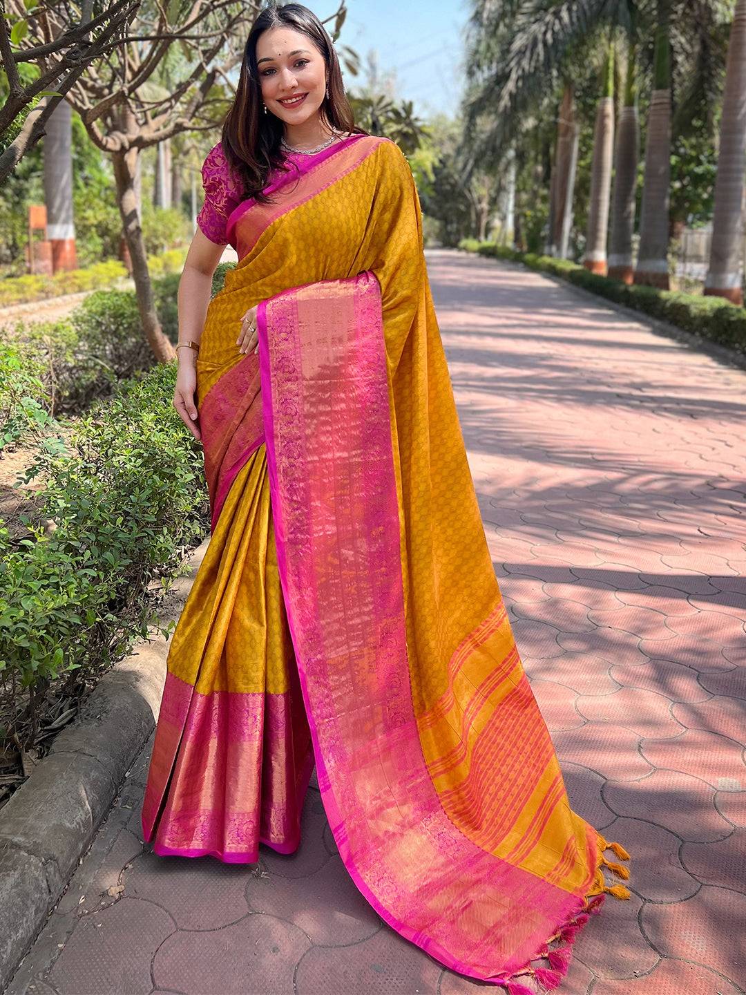 Mustard Colour Kanjivaram Aura Soft Silk Saree With Broced Zari Blouse