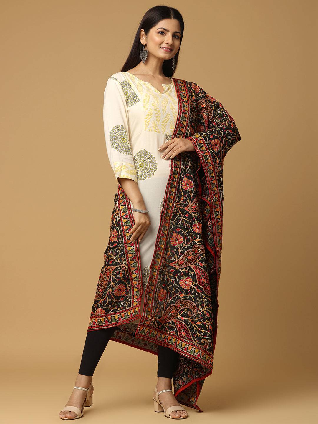Black Bright Floral Jaal Pashmina Dupatta