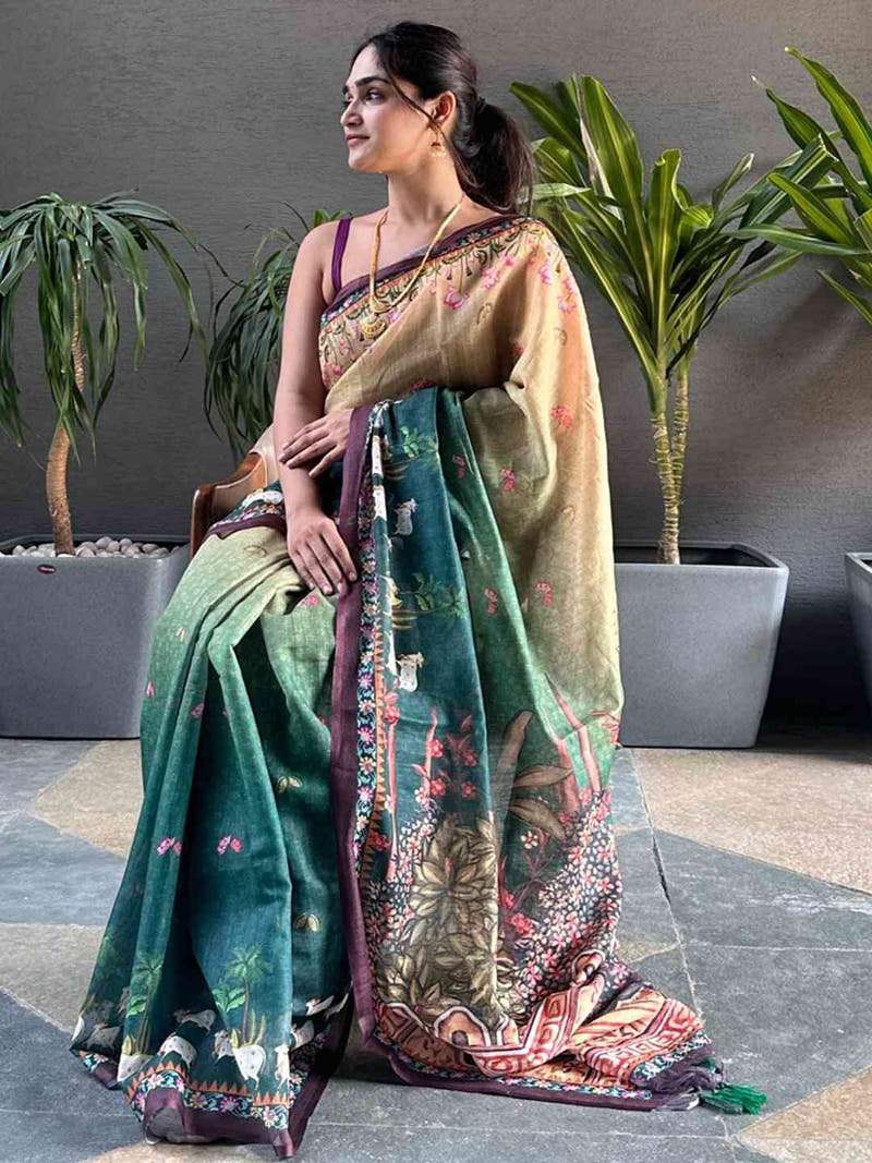 Soft Linen Ombre Pichwai Printed Green Colour Saree