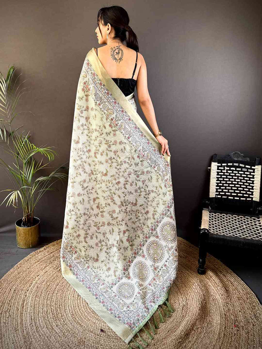 Sage Green Chanderi Madhubani Black Chex Saree