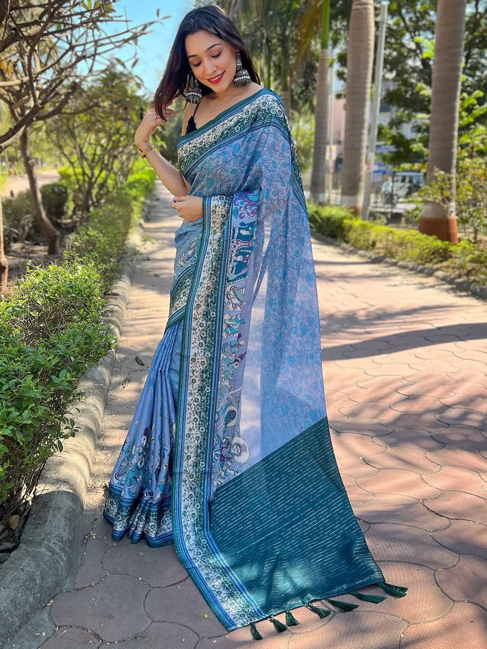 Satin Kota Doria Saree With Kalamkari Digital Print In Blue Colour