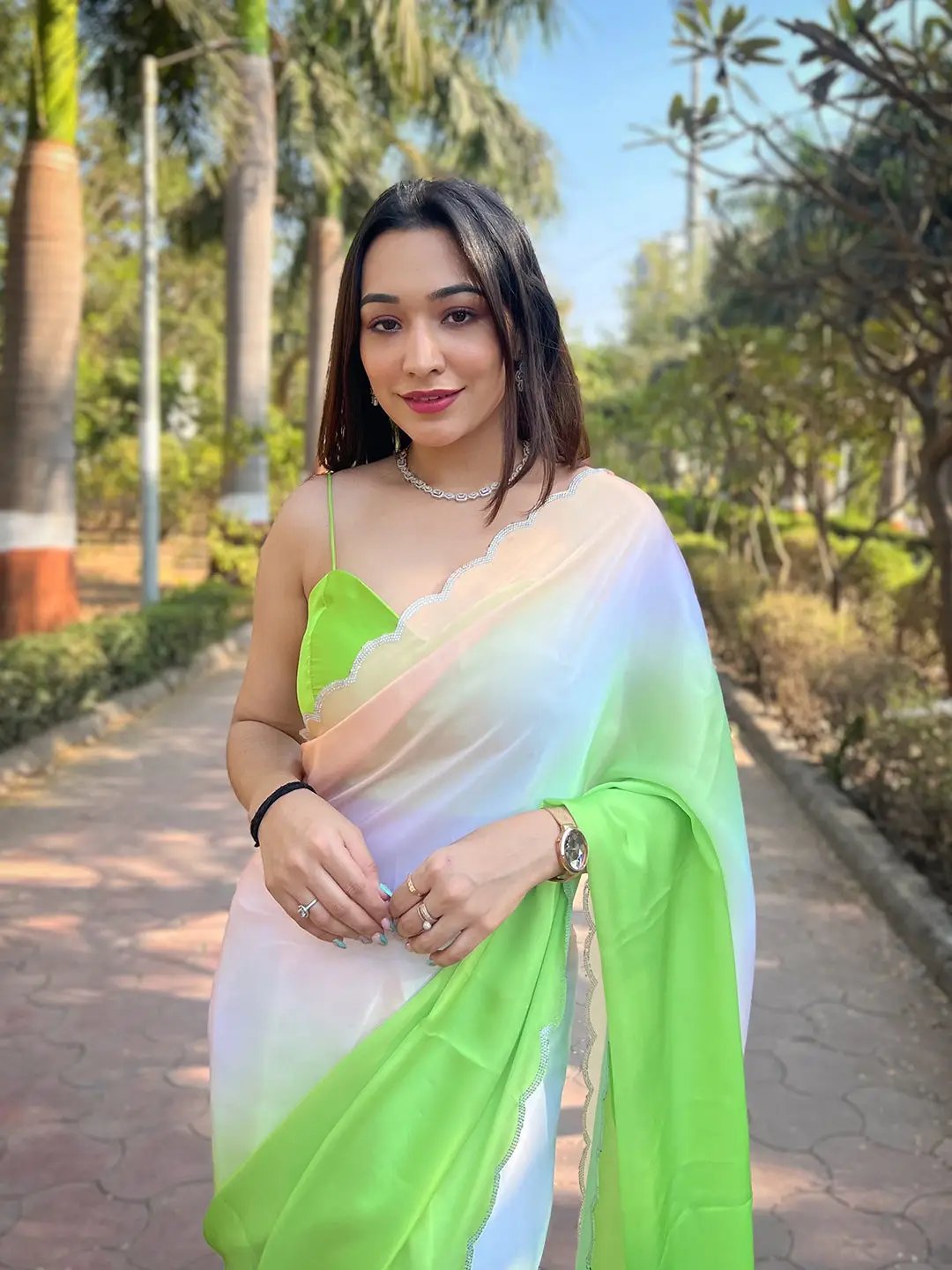 Green Satin Georgette Saree
