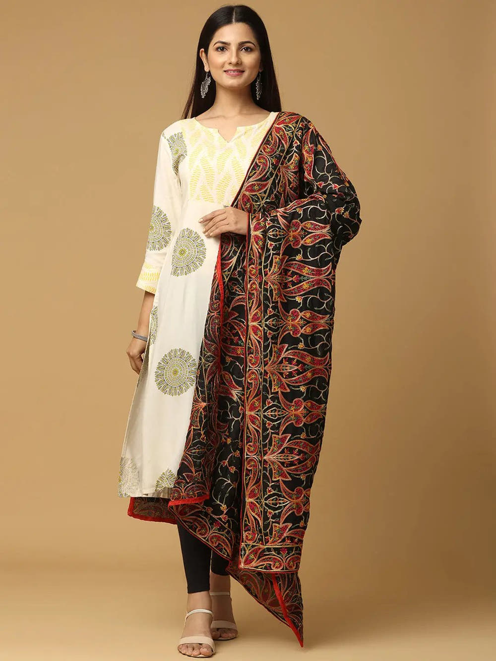Black Brown Floral Vine Pashmina Dupatta