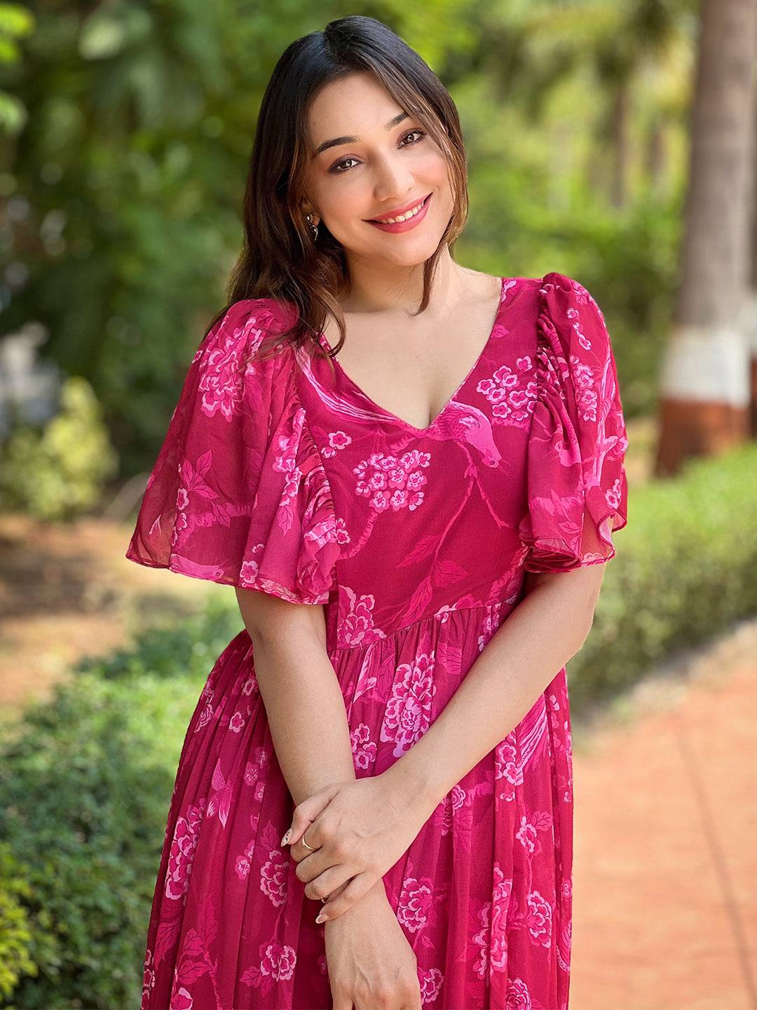 Pink Peony V-neck Flary Dress