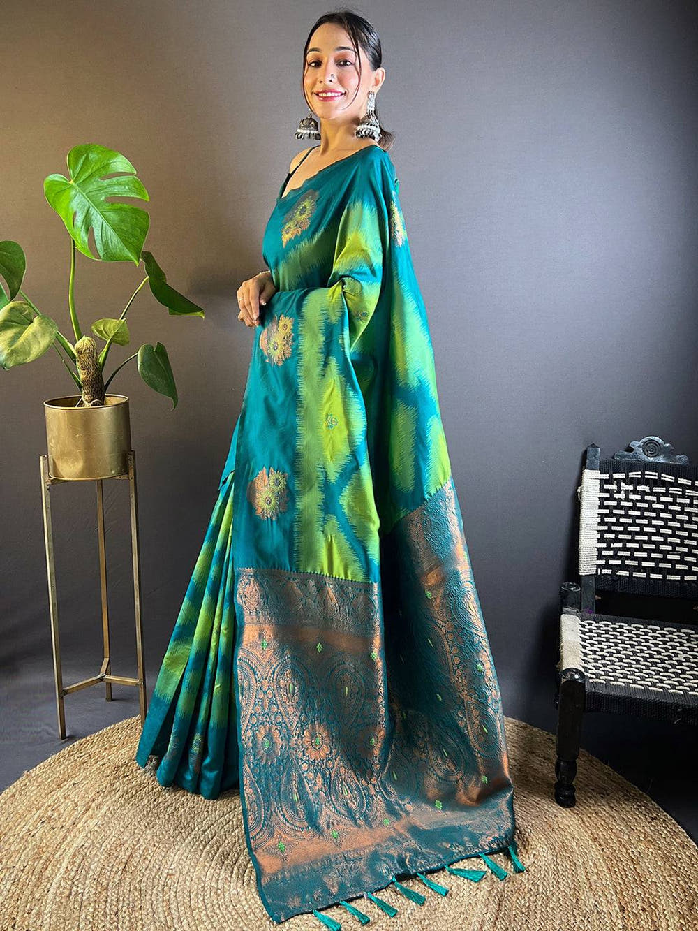 Parrot Green Tussar Silk Ikkat Weaving Saree