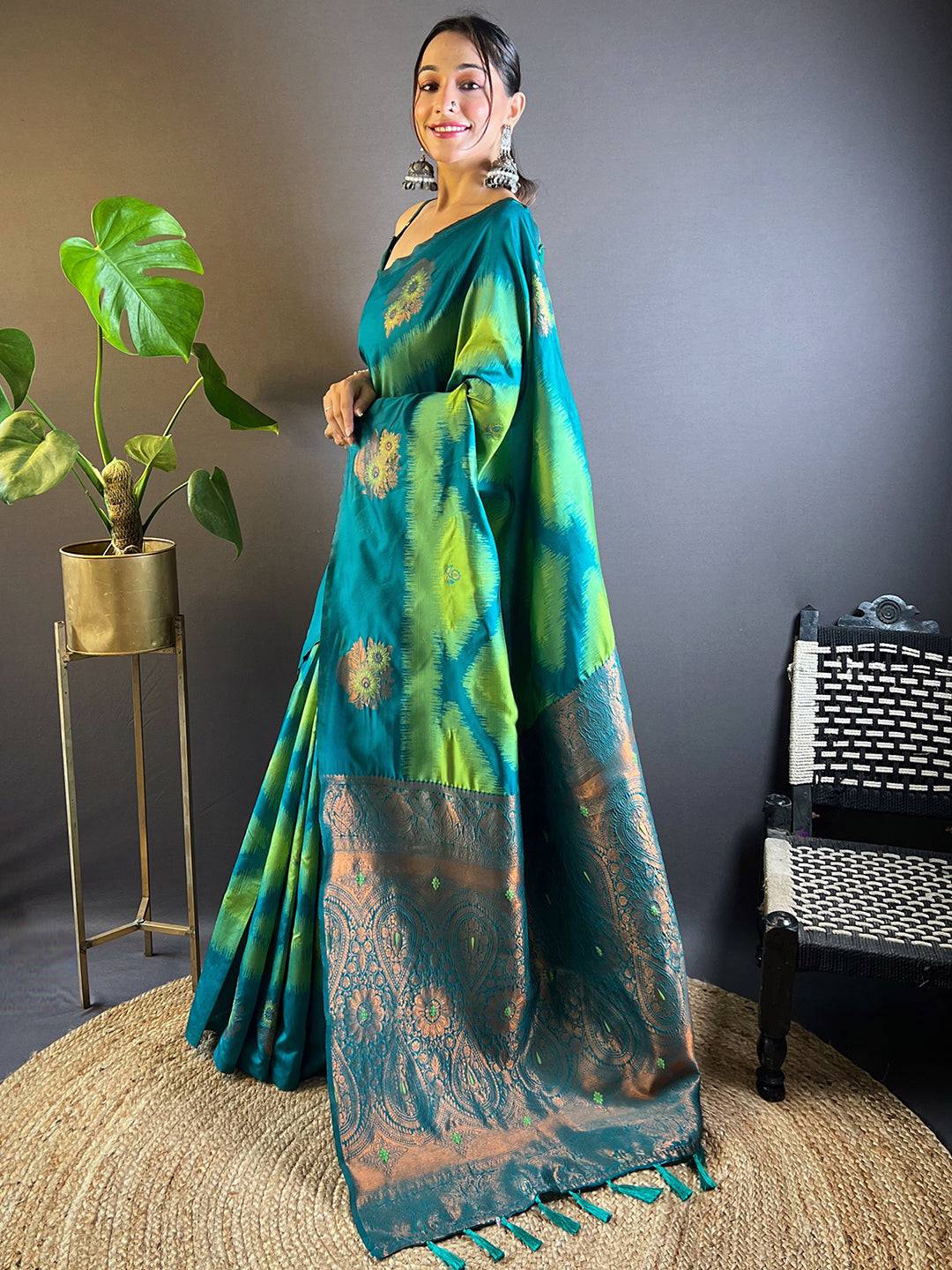 Parrot Green Tussar Silk Ikkat Weaving Saree