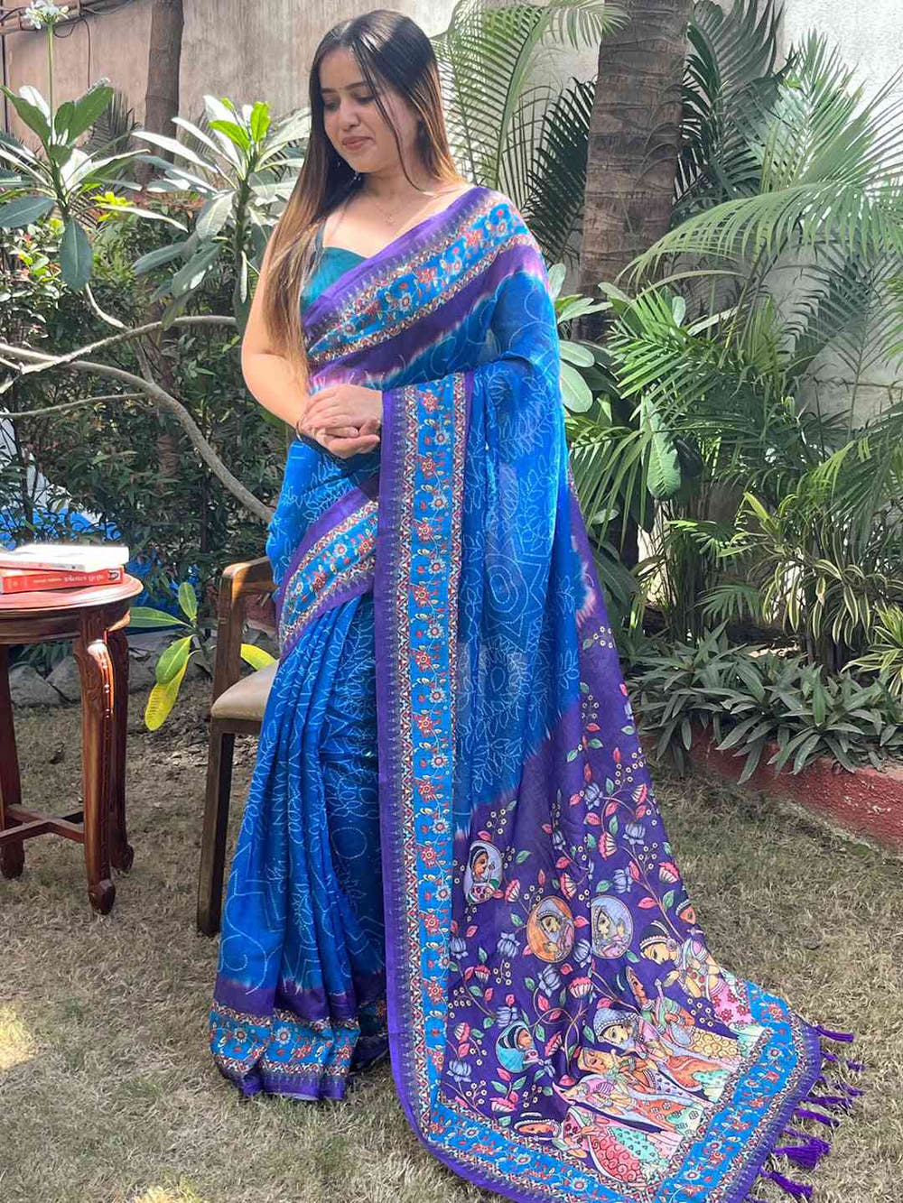 Royal Blue Design Linen Saree with Bandhej and kalamkari Digital Print