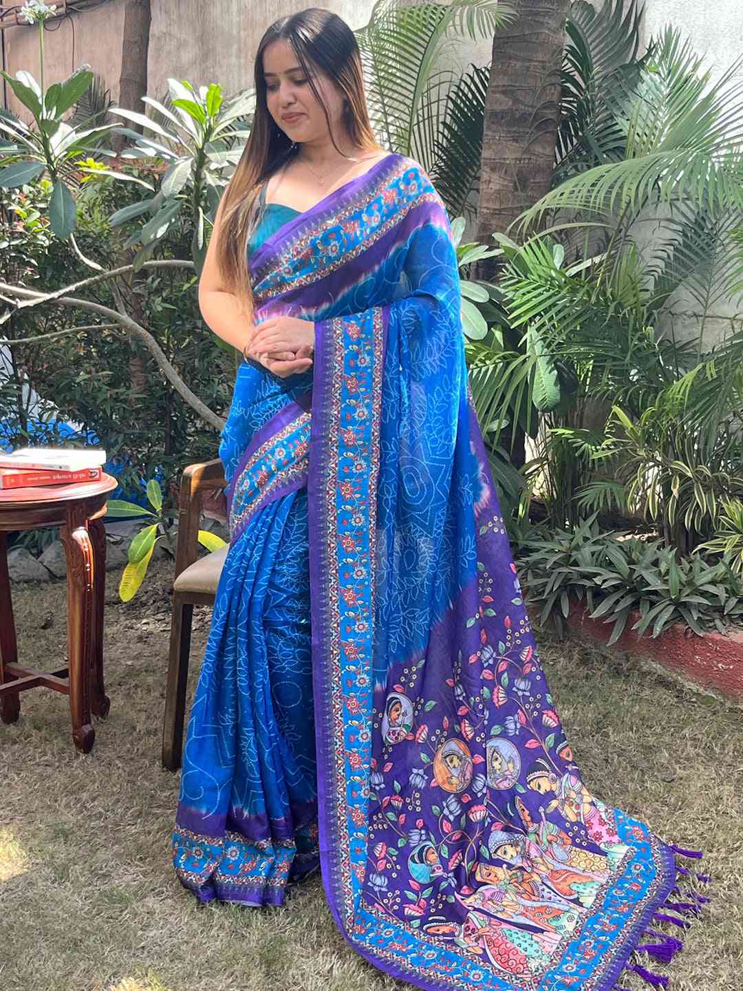 Royal Blue Design Linen Saree with Bandhej and kalamkari Digital Print