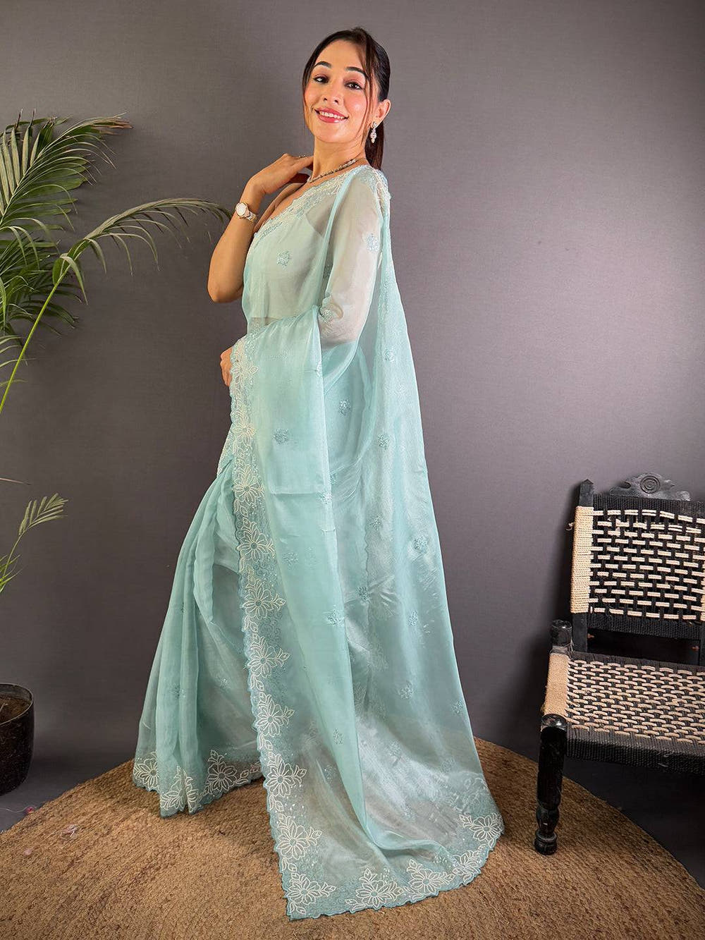 Sky Blue Art Silk Sequence Work Saree