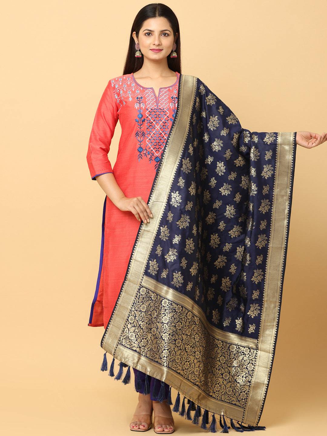 Woven Design Navy Silk Blend Dupatta With Resham Tassels