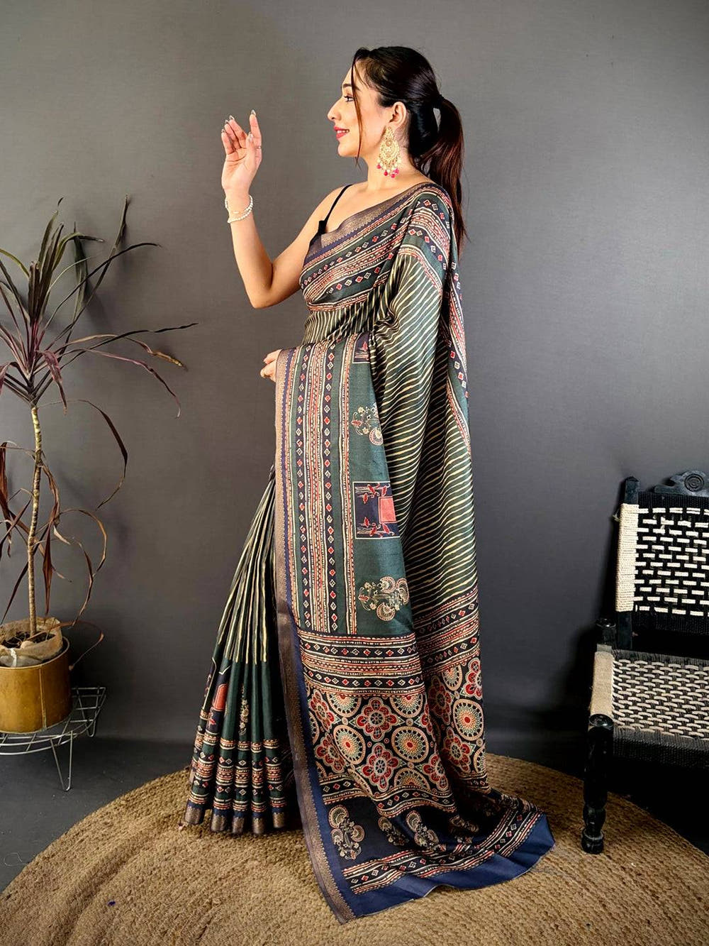 Radiant Block Ajrakh Print Soft Tussar Saree