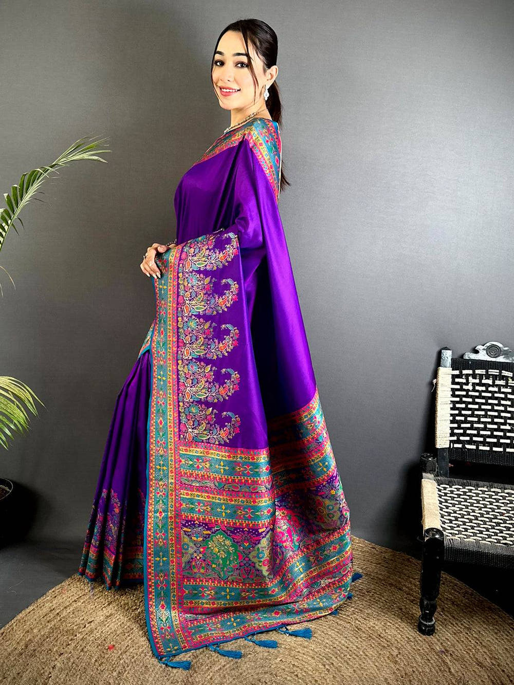 Purple Kashmiri Pashmina Semi Silk Saree