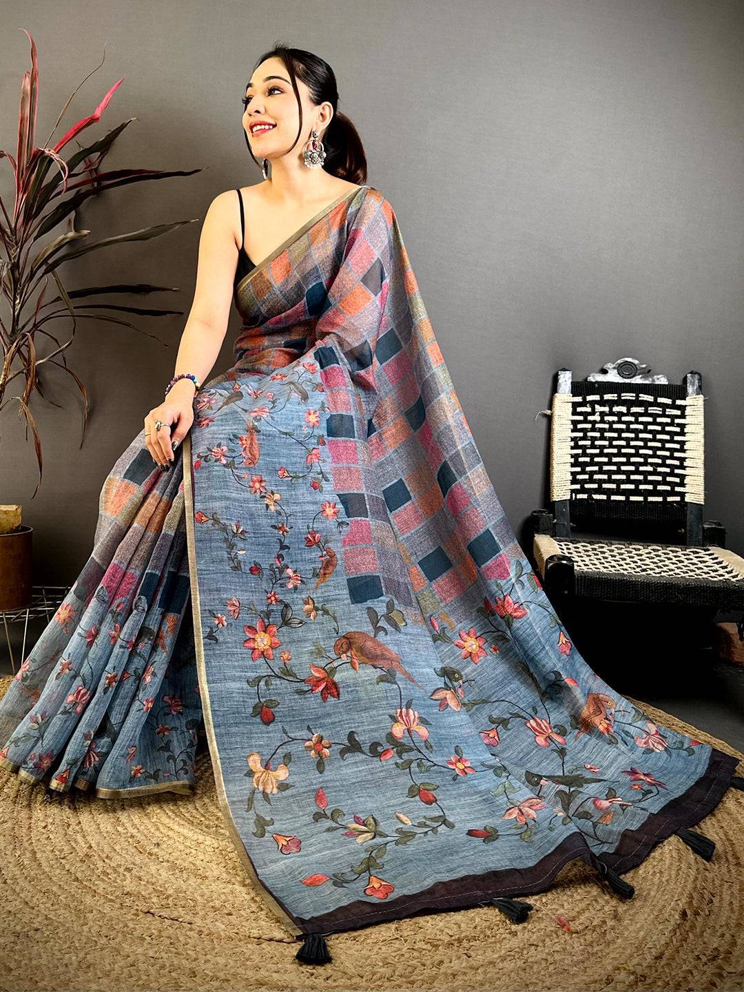 Regal Multicolor Block Print Linen Saree