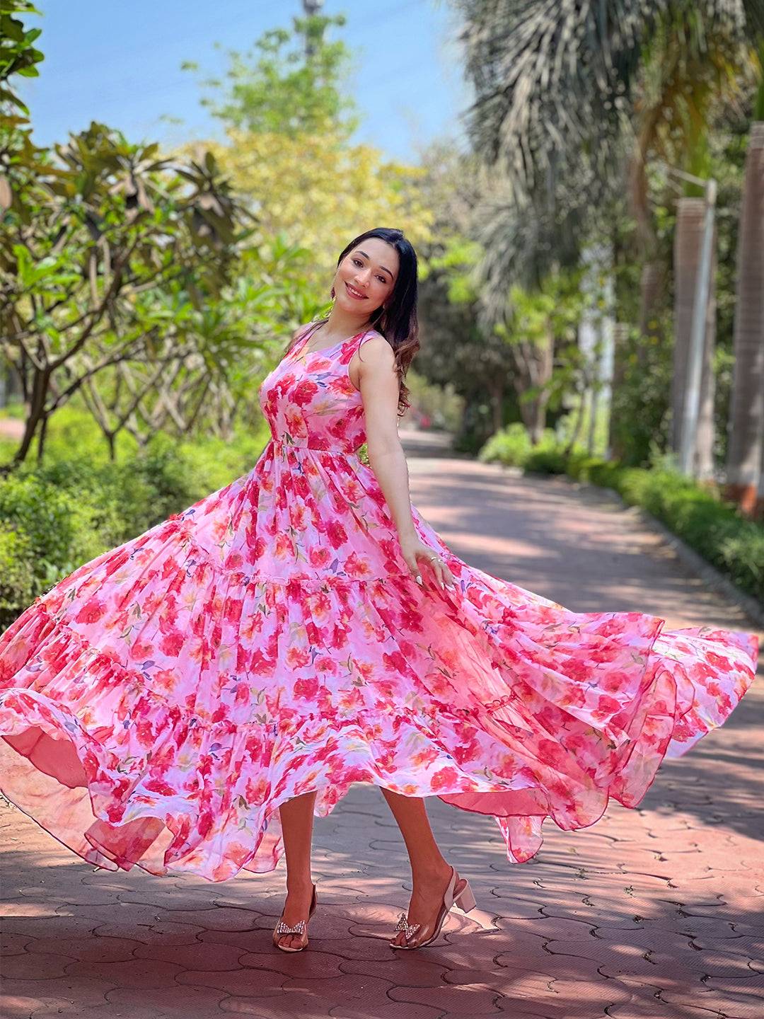 Neon Pink Floral Print Dress