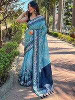 Satin Kota Doria Saree With Kalamkari Digital Print In Turquoise Colour