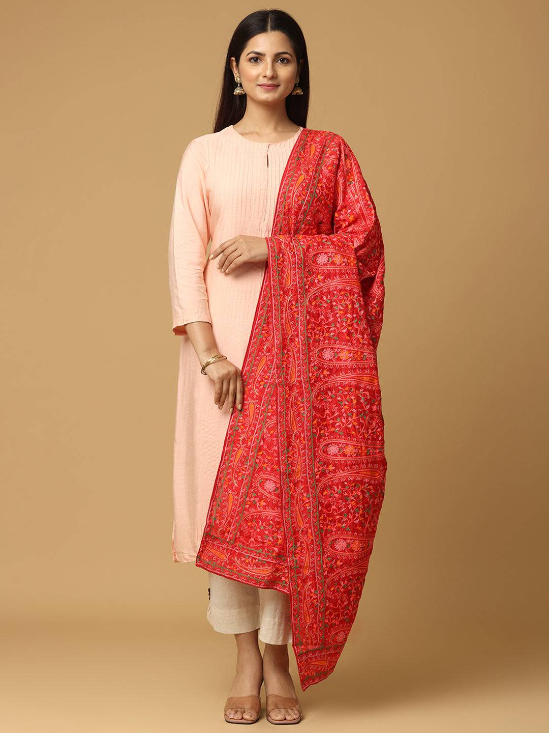 Red Fine Paisley Allover Pashmina Dupatta