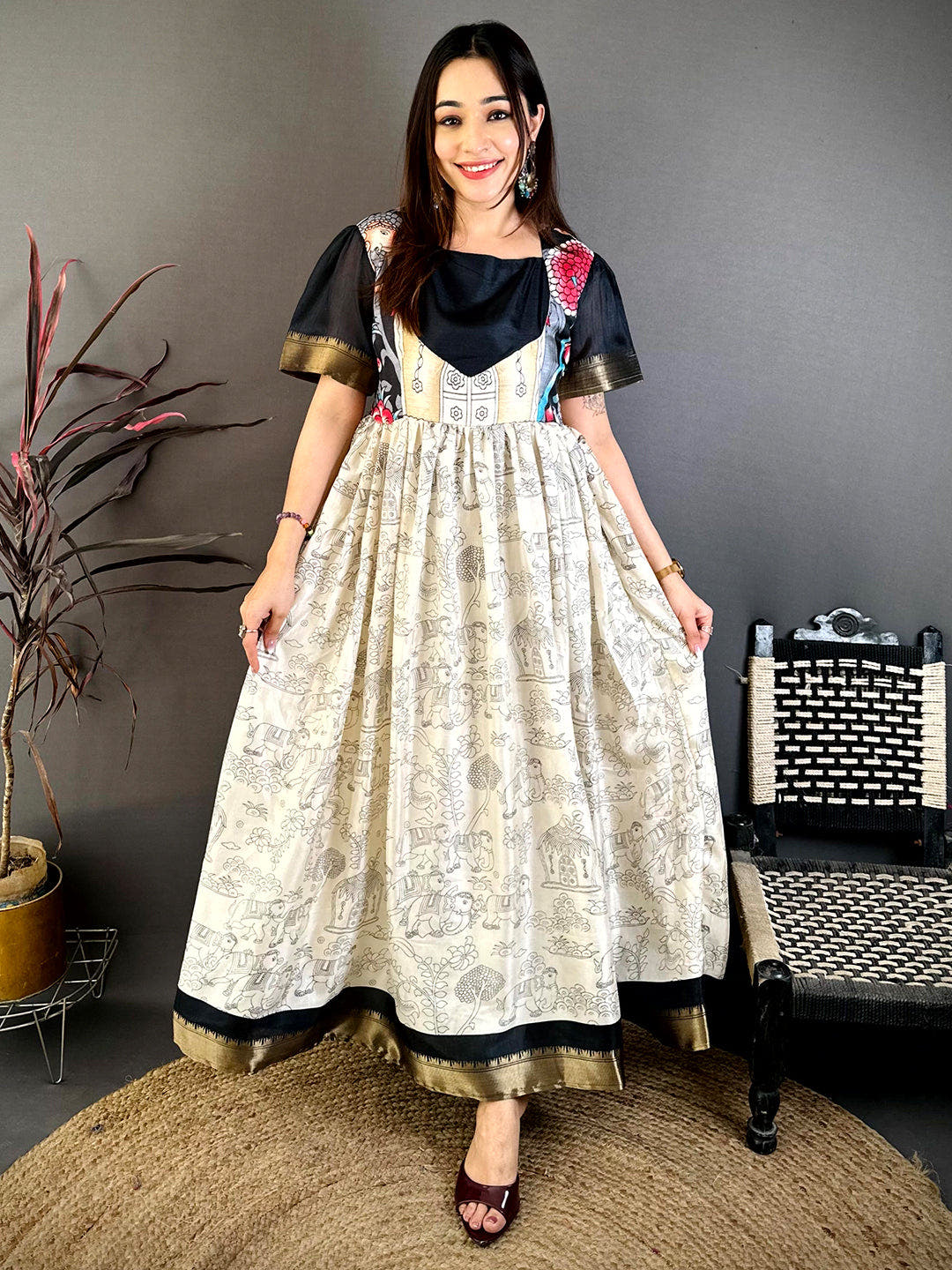Elegant Square Neck Kota Doriya Dress
