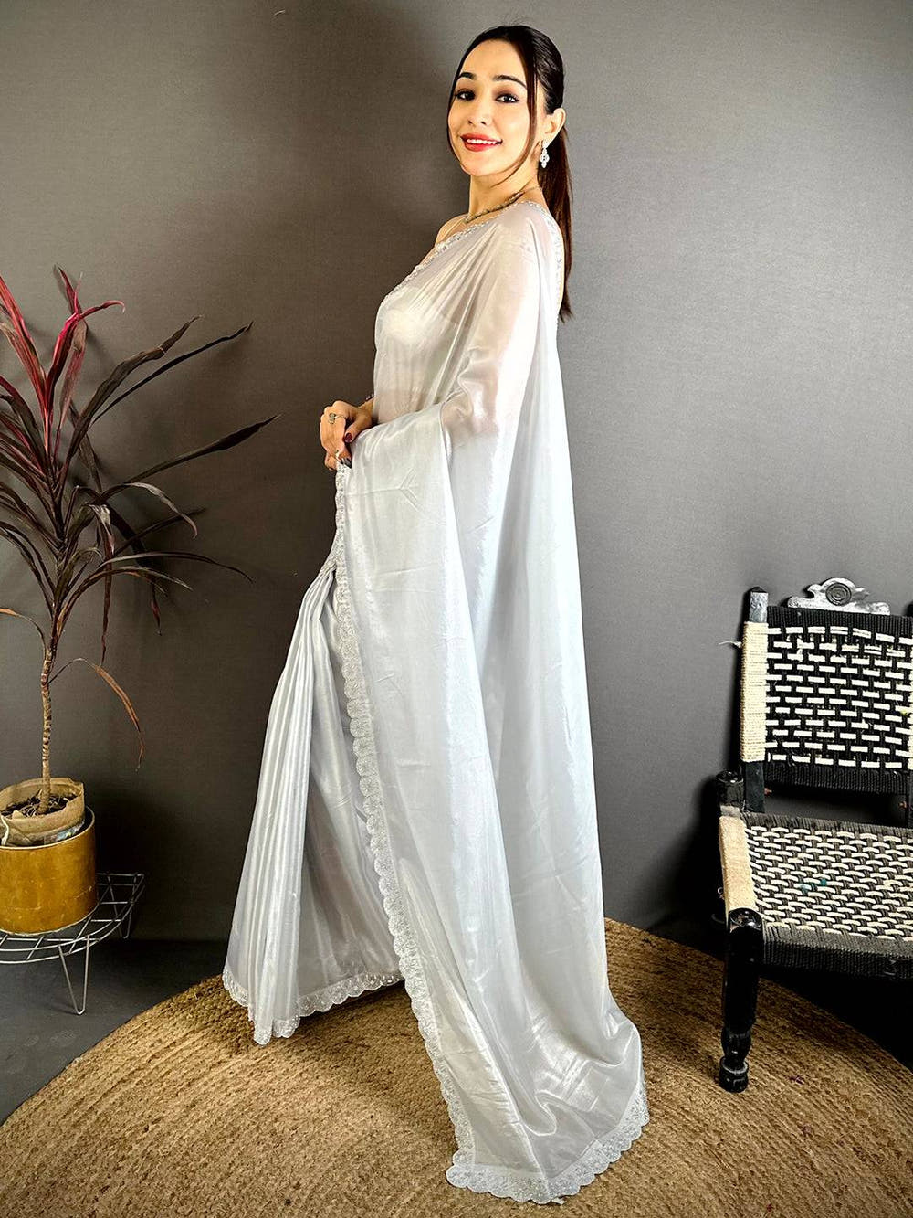Opulent Silver Glass Stone Work Silk Saree