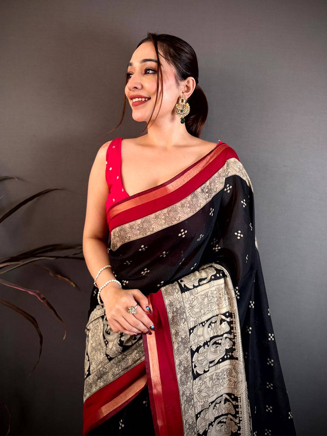 Black Mul Cotton Kalamkari Block Print Saree