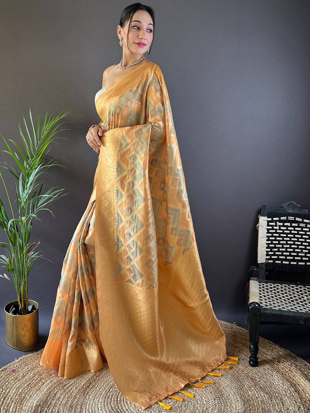 Honey Yellow Colour Block Print Saree