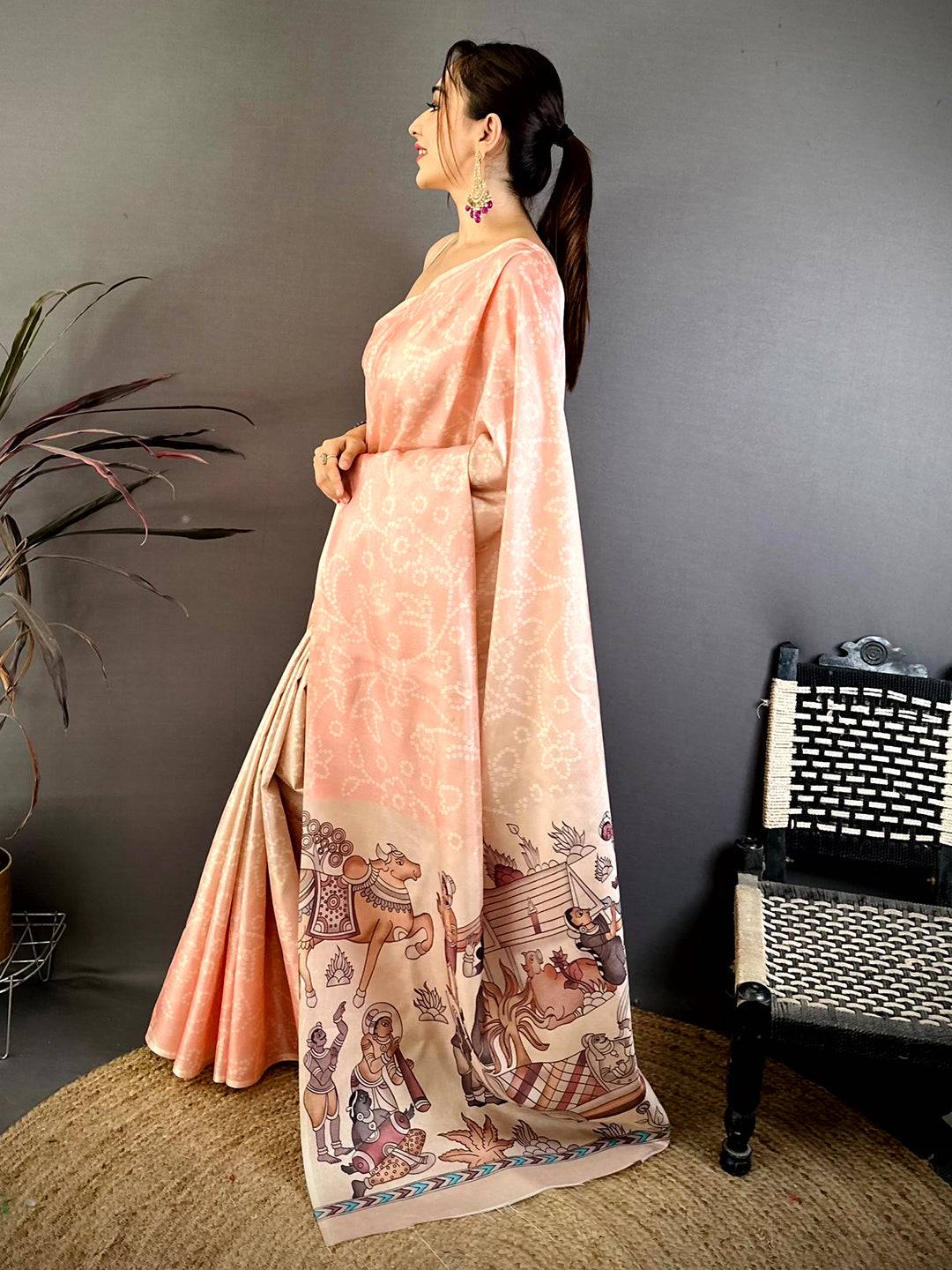 Peach Kalamkari Bandhej Tussar Saree