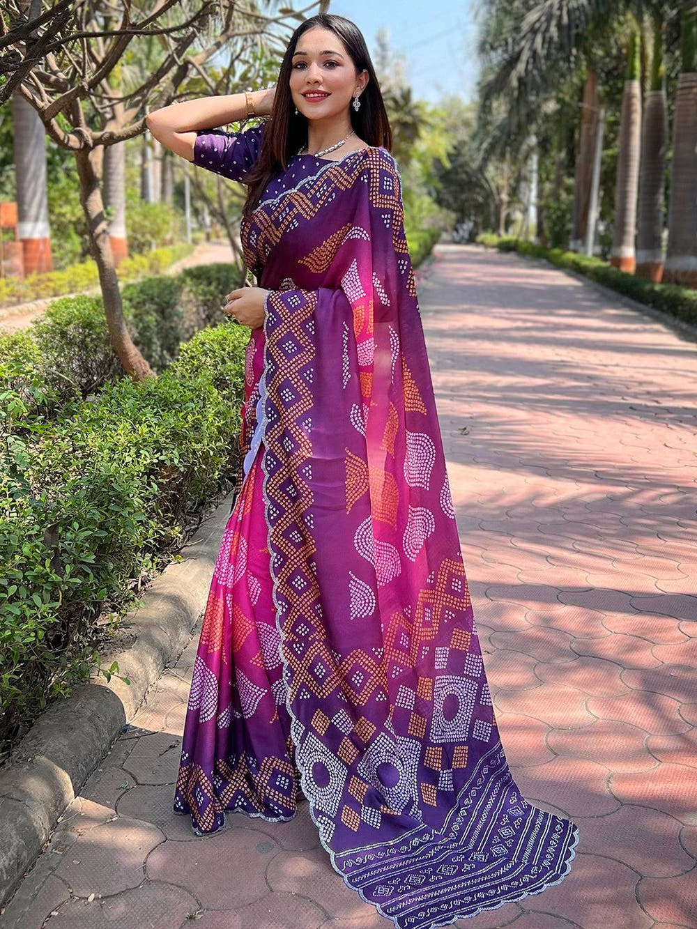Magenta Ombre Bandhej Georgette Silk Saree