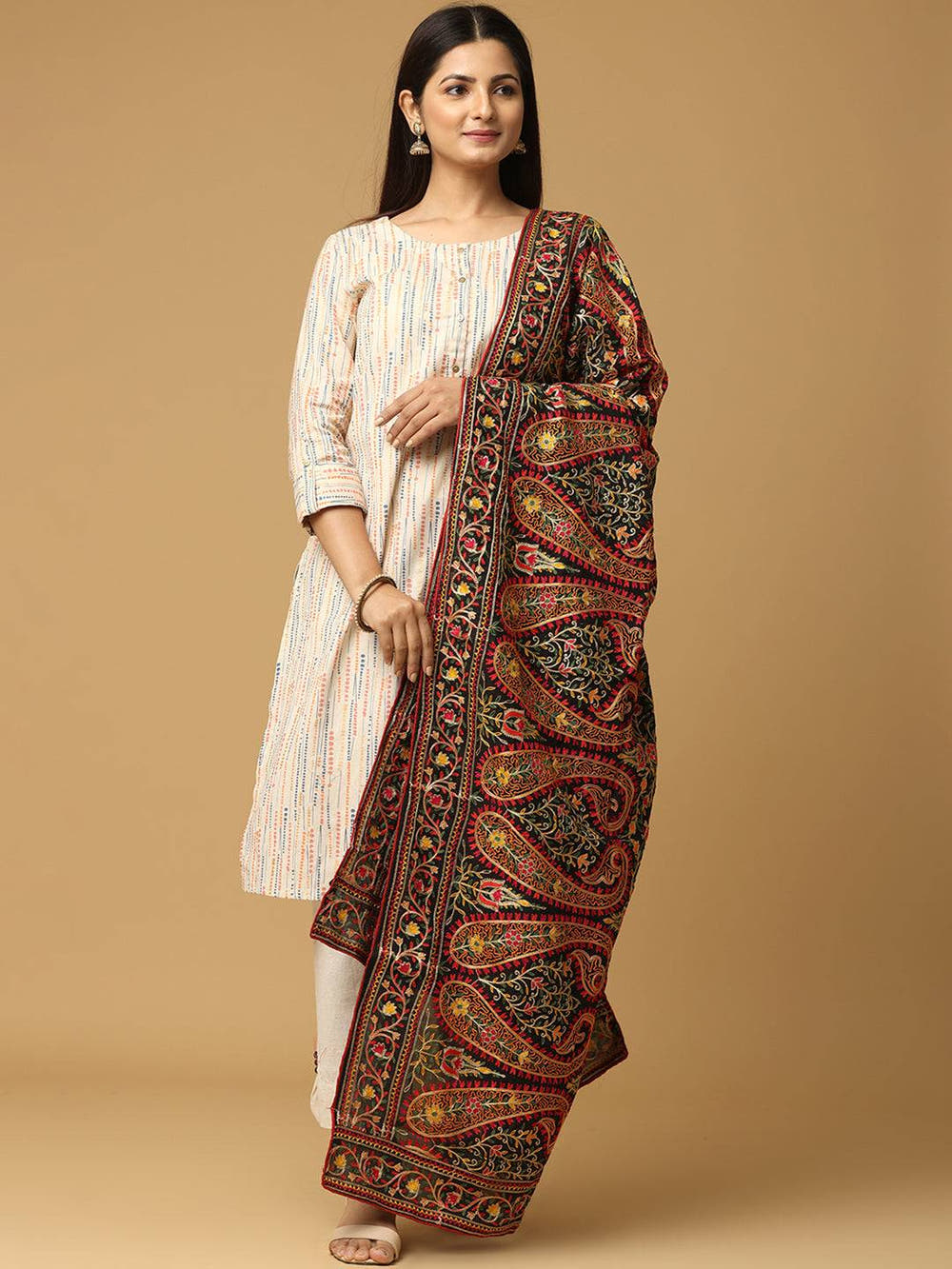Black Ornate Rust Paisley Pashmina Dupatta