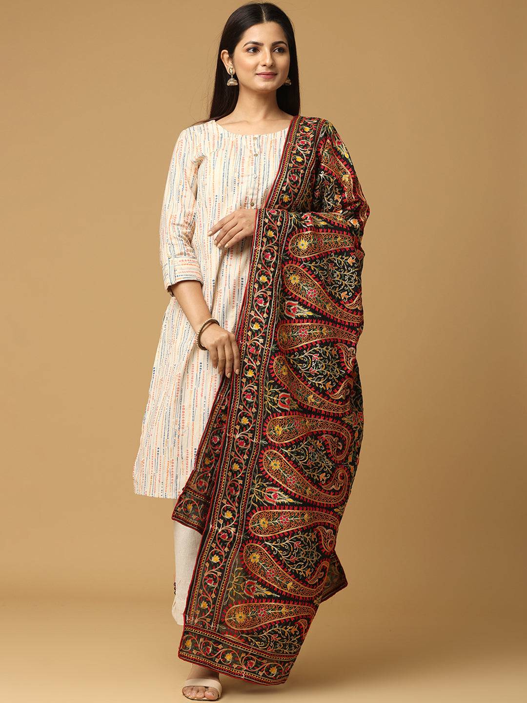 Black Ornate Rust Paisley Pashmina Dupatta