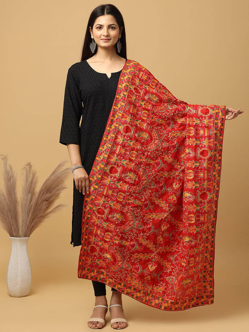 Red Dense Multicolour Floral Pashmina Dupatta
