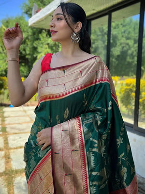 Dark Green Colour Paithani Silk Pichwai Woven Saree