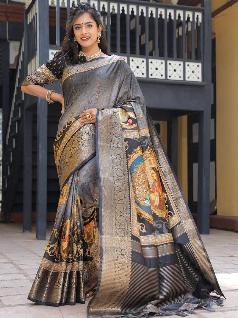 Pure Viscose Dola Silk Saree With Zari Weaving Pallu In Grey Colour - Luxe