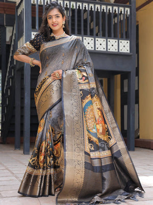 Pure Viscose Dola Silk Saree With Zari Weaving Pallu In Grey Colour - Luxe