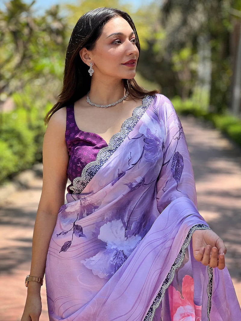 Purple Satin Georgette Floral Print Saree