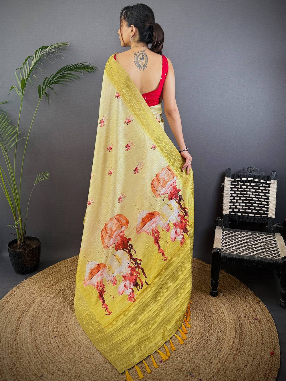 Mustard Yellow Digital Print Soft Dola Silk Saree