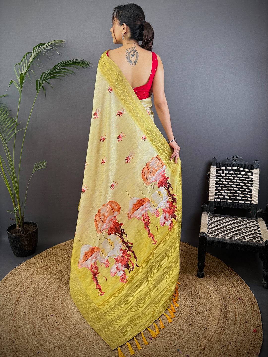 Mustard Yellow Digital Print Soft Dola Silk Saree