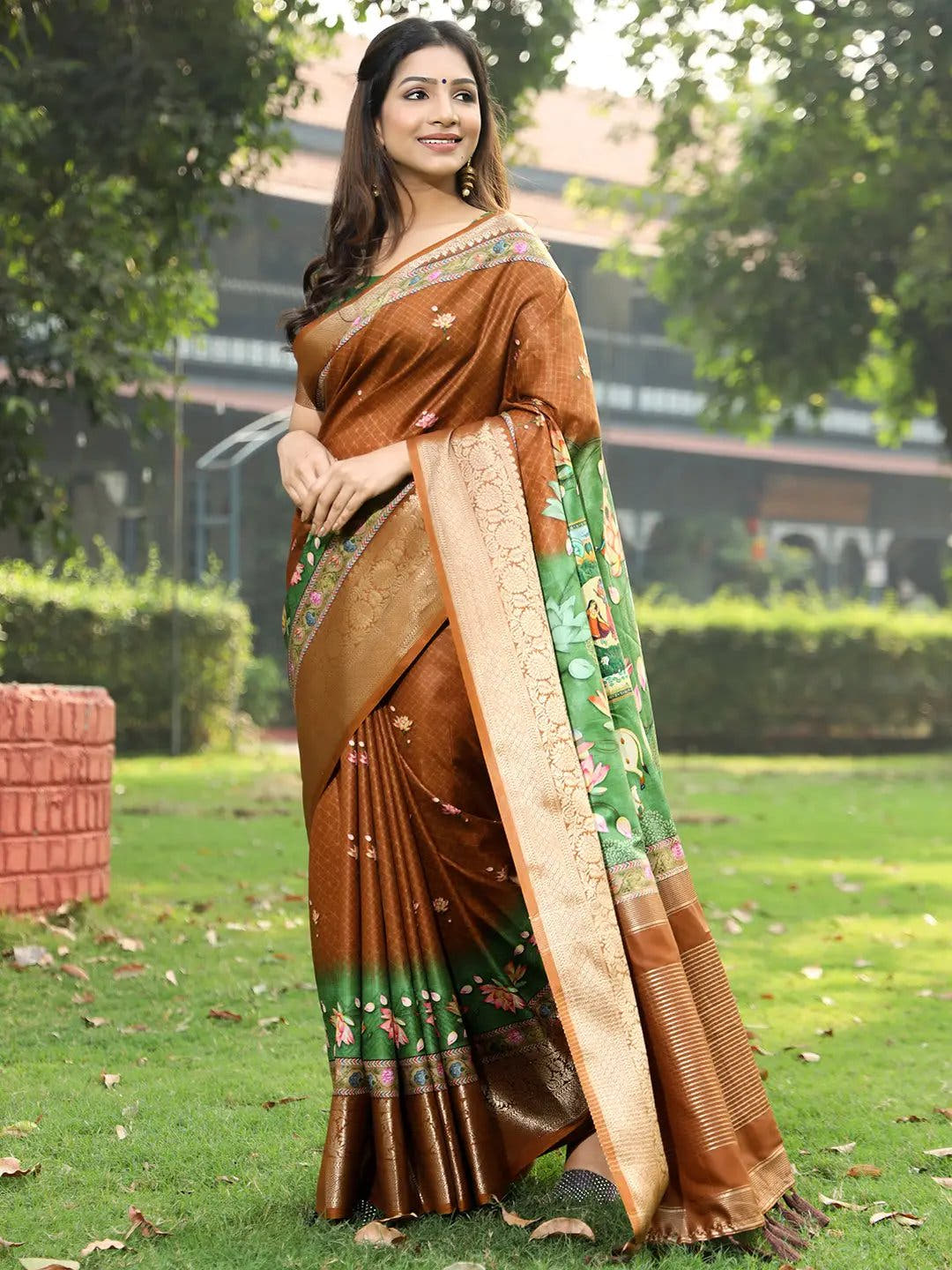 Brown Colour Pure Viscose Dola Silk Saree with Pichwai Kalamkari Print - Luxe