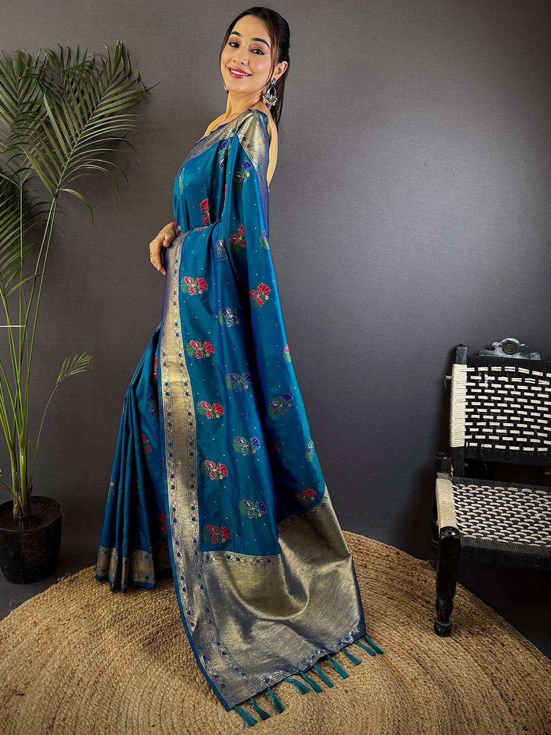 Sky Soft Silk Flowerport Minakari Saree