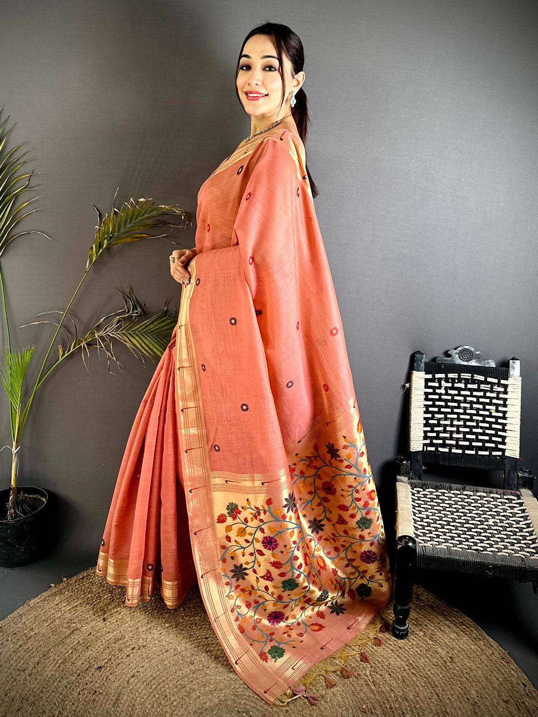 Aura Peach Minakari Butti Linen Saree