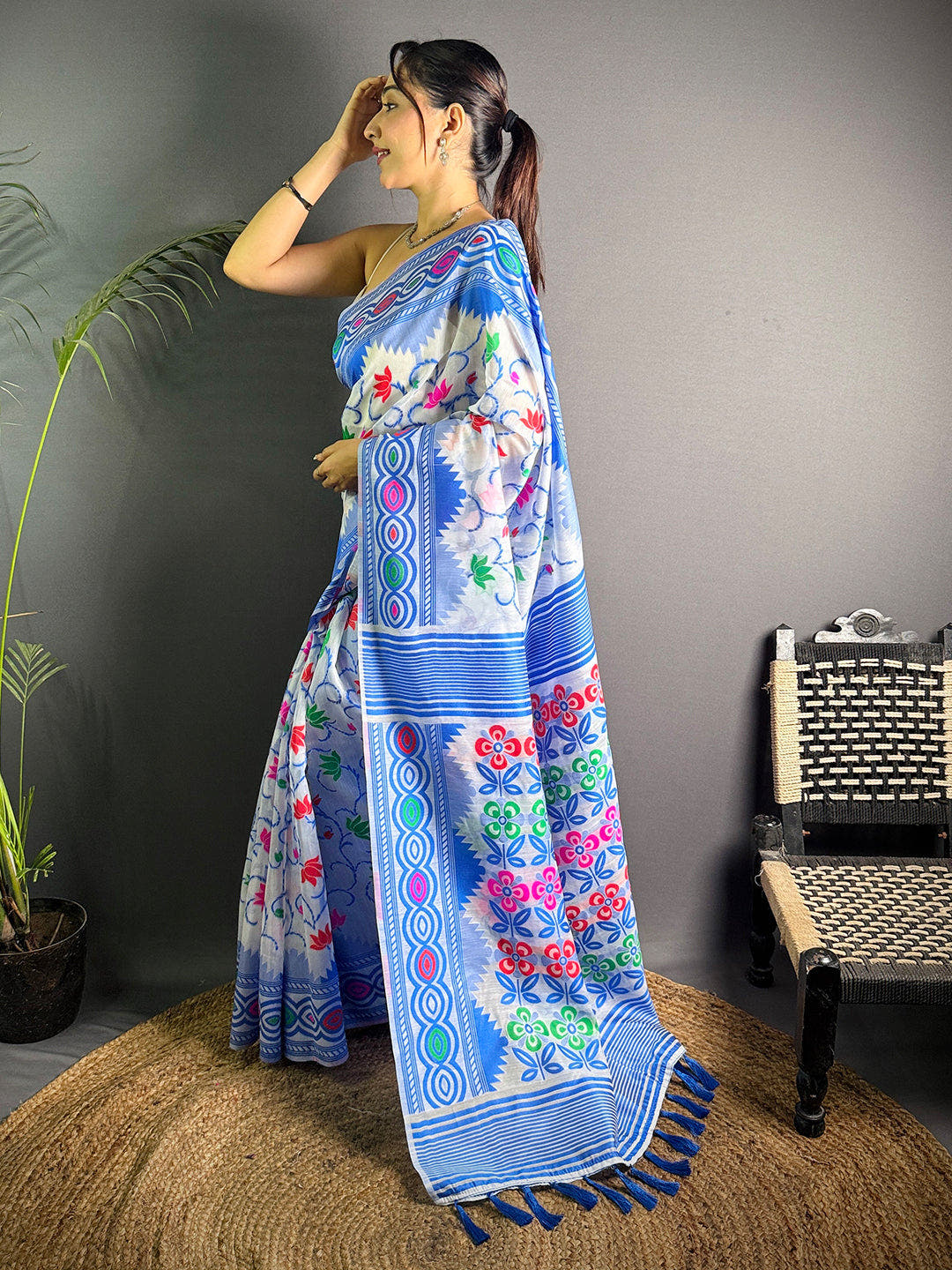 Sky Blue Dhakai Jamdani Soft Cotton Silk Saree