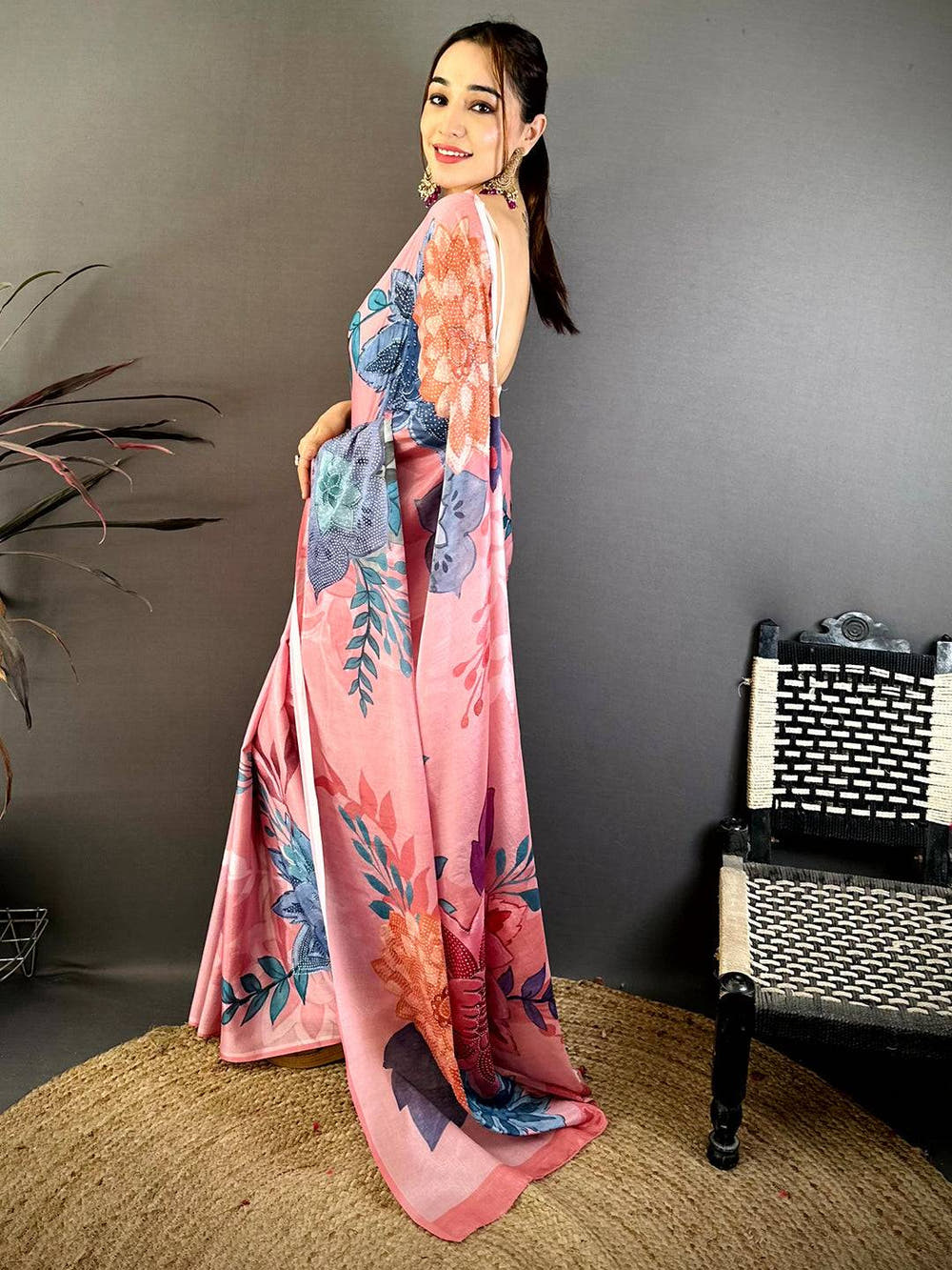 Pink Soft Chiffon Floral Stone Work Saree