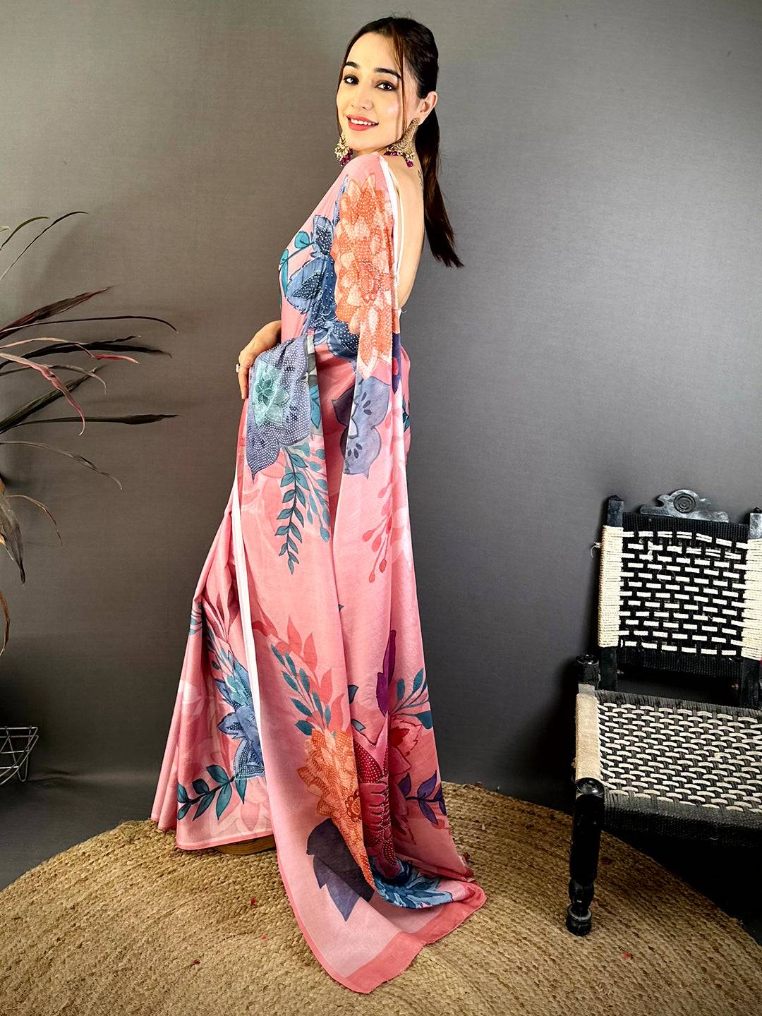 Pink Soft Chiffon Floral Stone Work Saree