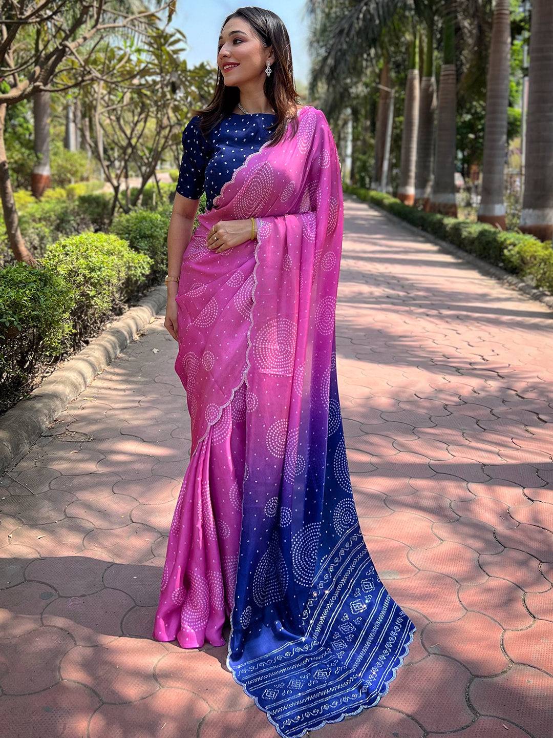 Pink Ombre Bandhej Georgette Silk Saree