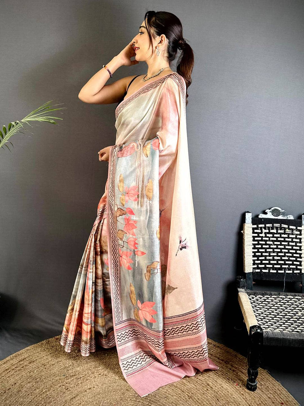 Opulent Water Theme Floral Tussar Saree
