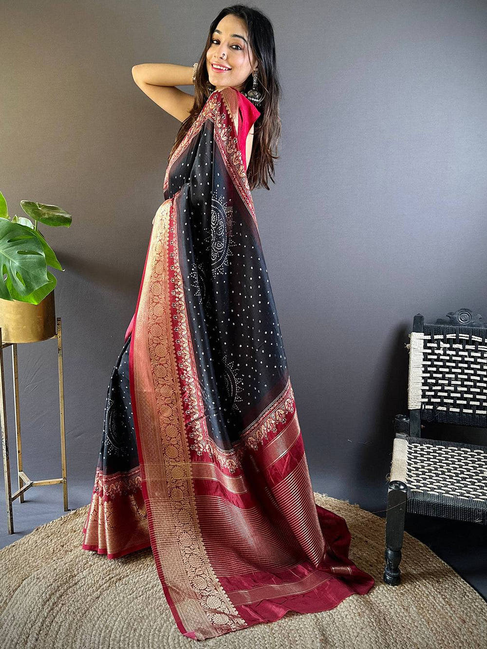 Black Graceful Bandhej Silk Saree