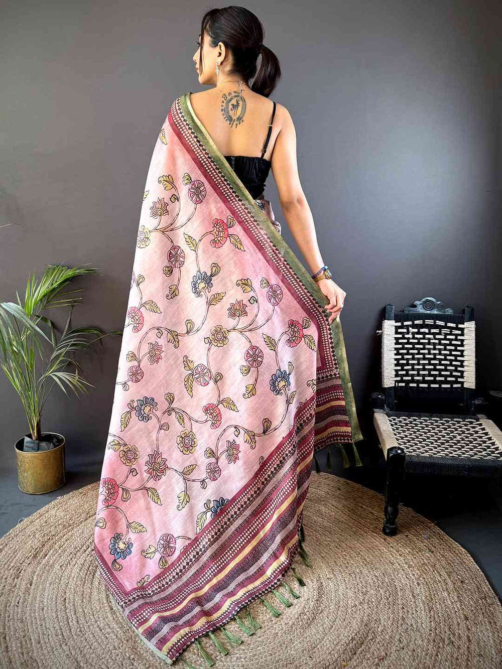 Rose Pink Zari Tussar Floral Saree