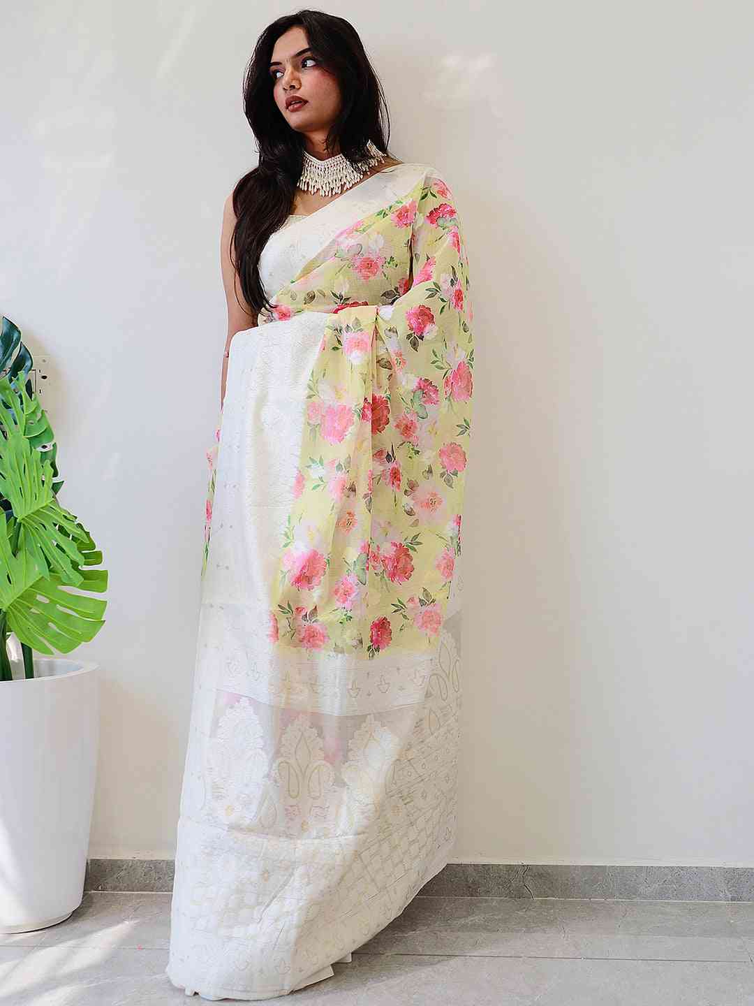 Multi Colour Digital Print Bollywood Saree in Lakhnavi Slub Pattern