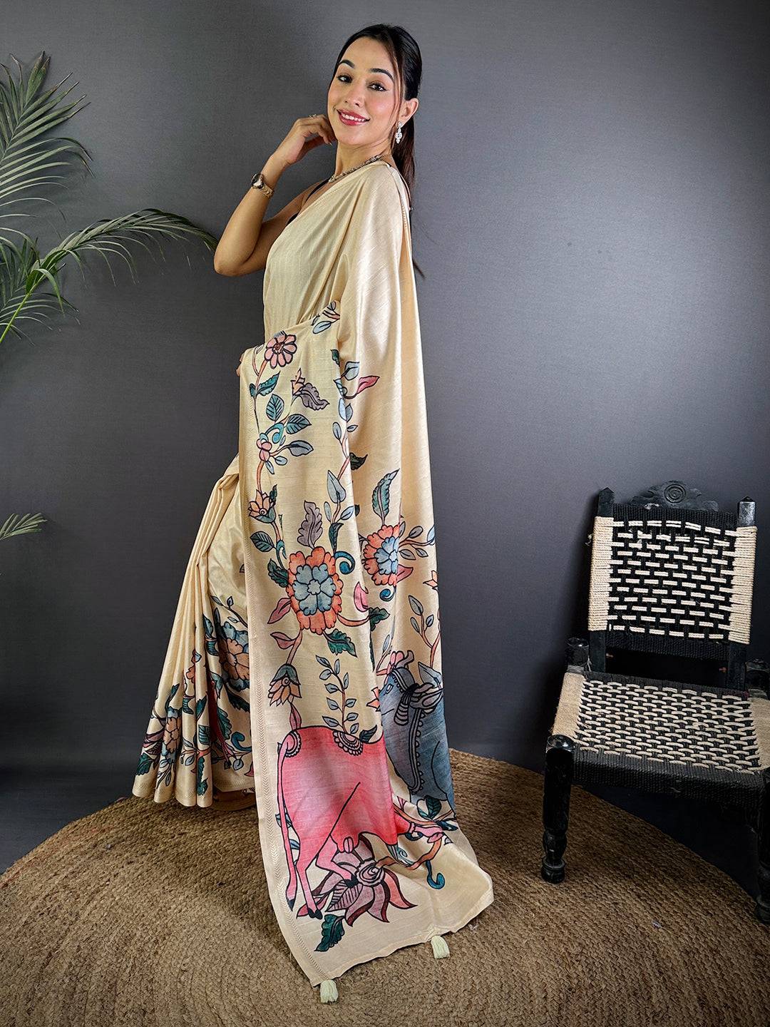 Kalamkari Printed Cream Ghicha Saree