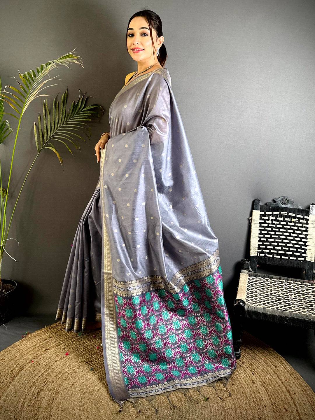 Grey Minakari Paithani Raw Silk Saree