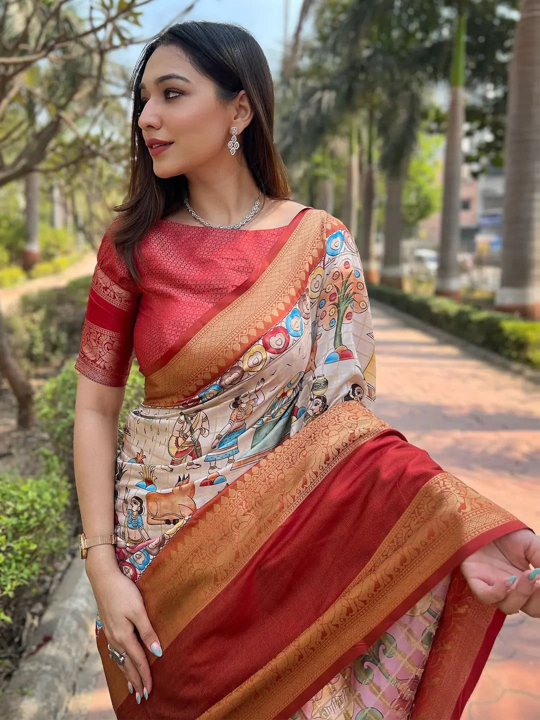 Beige Colour Double Border Chex Weaving Banarasi Soft Silk Saree