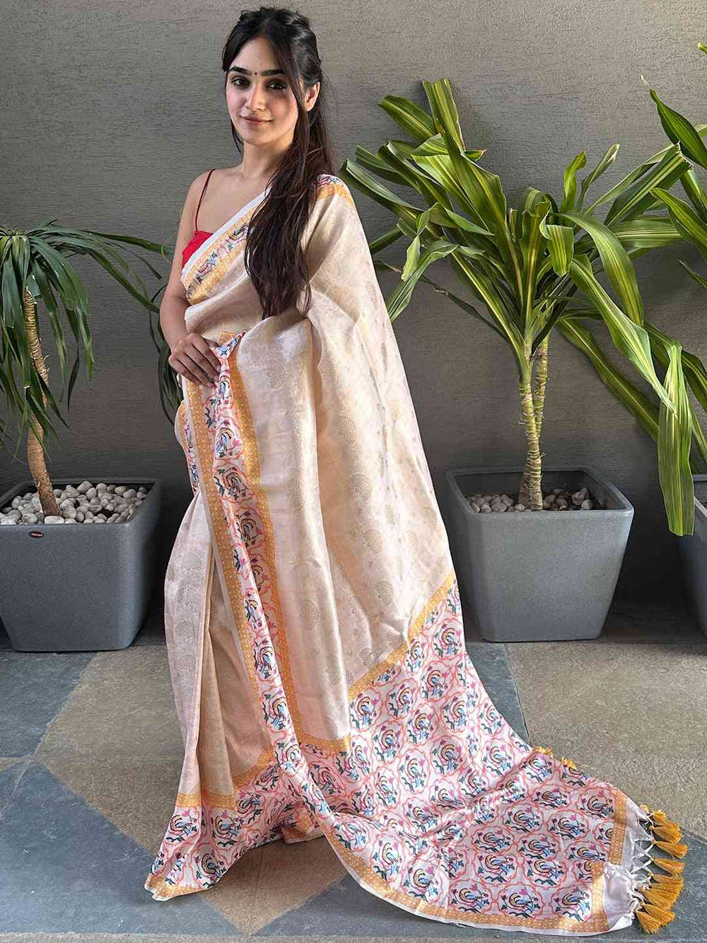 Cream Kanjivaram Weaving Patola Print Saree